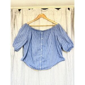 Torrid Off Shoulder Blue Striped Blouse Size 0 Cotton Peasant Top Boho Button Fr